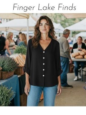 Button-Front V-Neck Black Flowy Tunic, XL